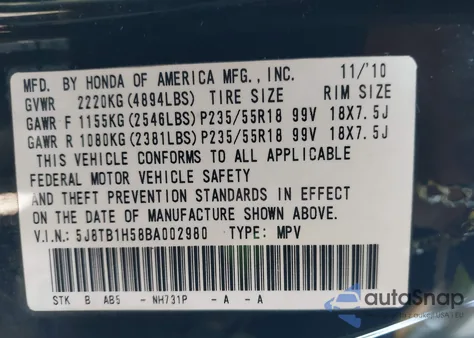 2011 Acura Rdx из США, поврежденный, VIN 5J8TB1H58BA002980